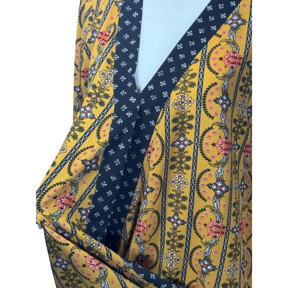 Skylar Jade Womens Blouse Size M Boho Style Yellow Black Floral Print Wrap - Picture 6 of 9